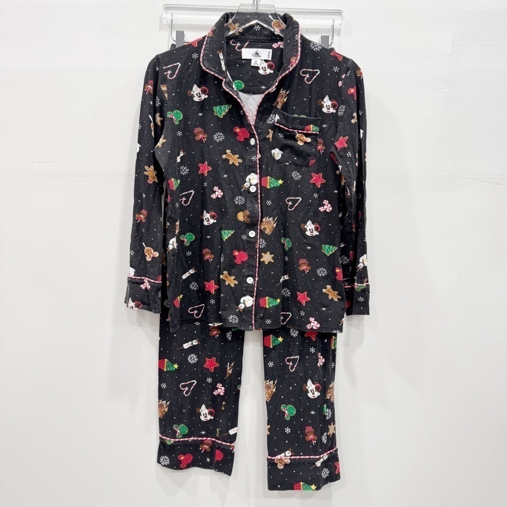 Disney Parks Printed Pajama Set Button Down Shirt Pants Black Small